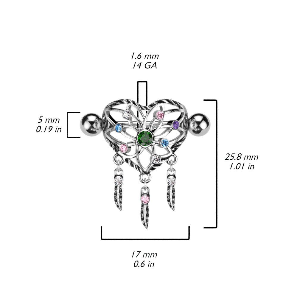 Heart Dream Catcher Shield Nipple Ring With Multi Color CZ and 316L Surgical Steel Barbell