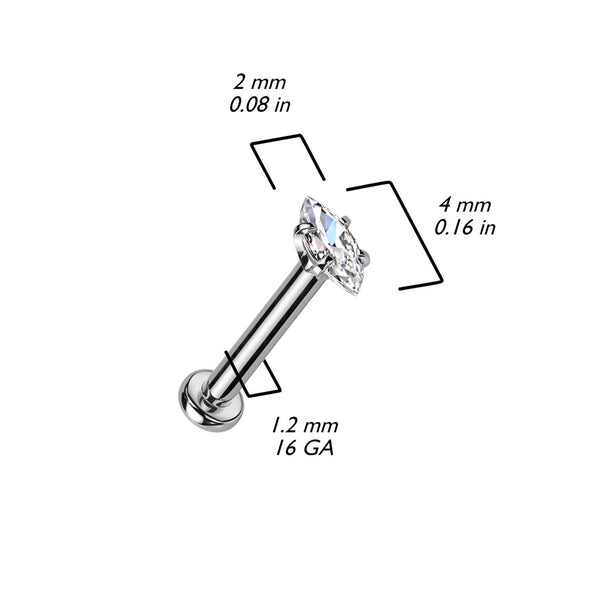 Marquise CZ 316L Internally Threaded Labret, Monroe, Cartilage Stud Rings