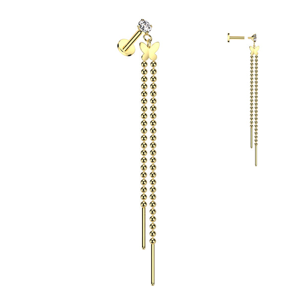 CZ Prong Set Internally Threaded 316L Surgical Steel Labret With Butterfly and Beaded Chain 2 Bar Dangle