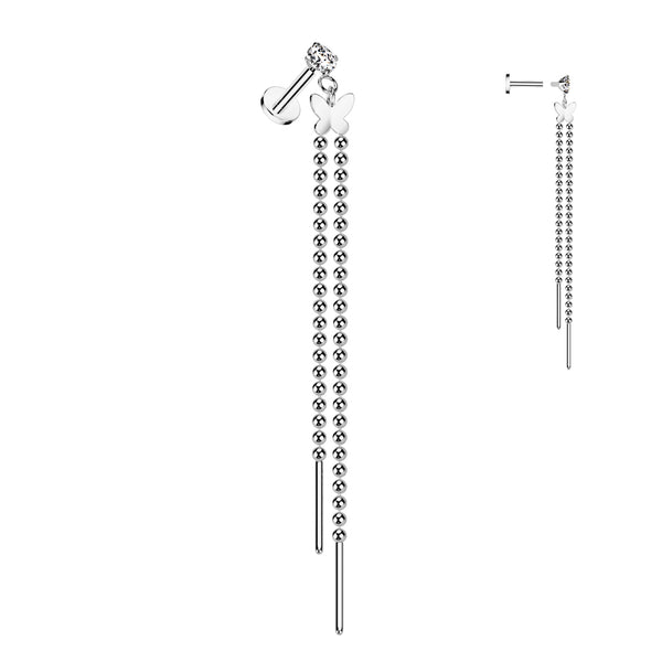 CZ Prong Set Internally Threaded 316L Surgical Steel Labret With Butterfly and Beaded Chain 2 Bar Dangle