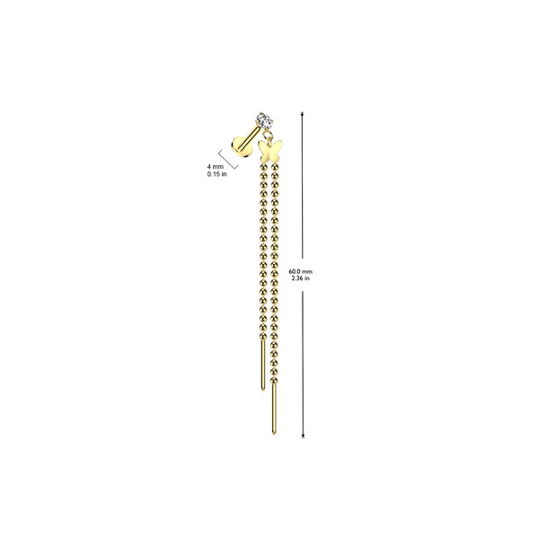 CZ Prong Set Internally Threaded 316L Surgical Steel Labret With Butterfly and Beaded Chain 2 Bar Dangle