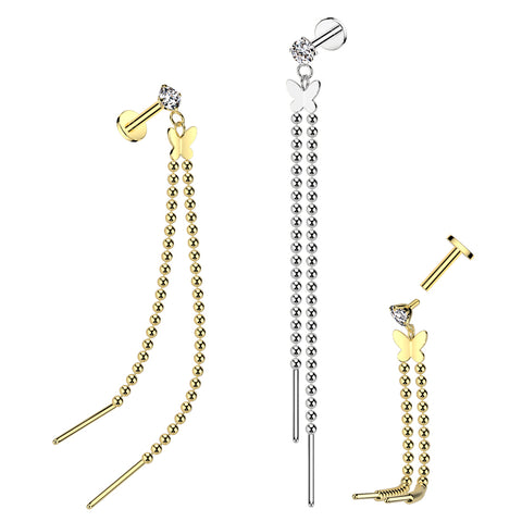 CZ Prong Set Internally Threaded 316L Surgical Steel Labret With Butterfly and Beaded Chain 2 Bar Dangle