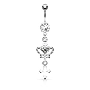 316L Surgical Steel Heart CZ Crown With Cross Dangle Belly Button Ring