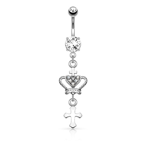 316L Surgical Steel Heart CZ Crown With Cross Dangle Belly Button Ring