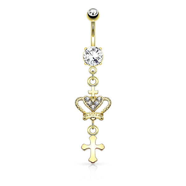316L Surgical Steel Heart CZ Crown With Cross Dangle Belly Button Ring