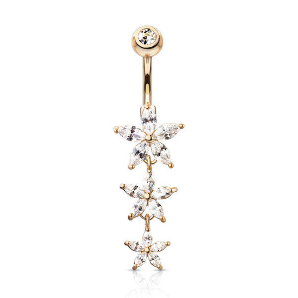 Triple Marquise CZ Flowers Dangle with Gemmed Navel Ring