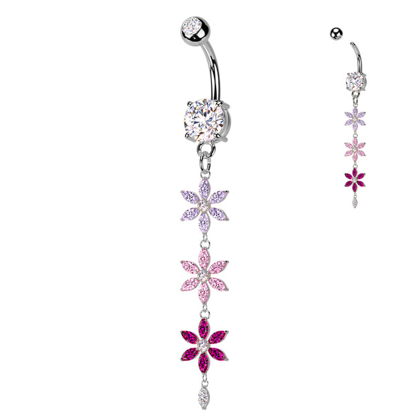316L Surgical Steel Double Jeweled Belly Button Ring With Multicolored Triple CZ Flower Dangle