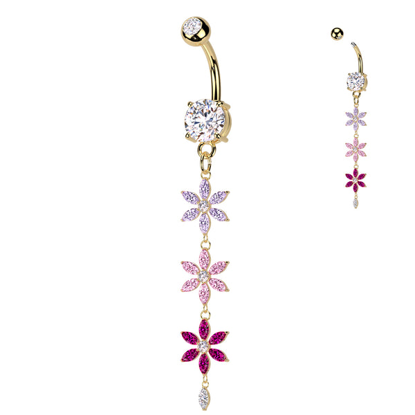 316L Surgical Steel Double Jeweled Belly Button Ring With Multicolored Triple CZ Flower Dangle