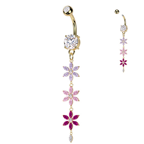 316L Surgical Steel Double Jeweled Belly Button Ring With Multicolored Triple CZ Flower Dangle