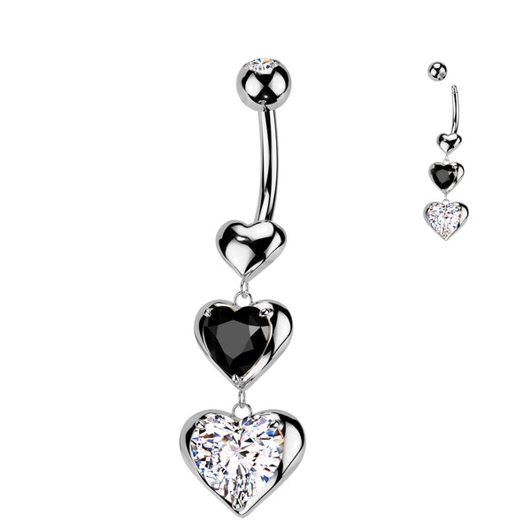 316L Surgical Steel Triple Heart Dangle Belly Button Navel Ring With Black and Clear CZ