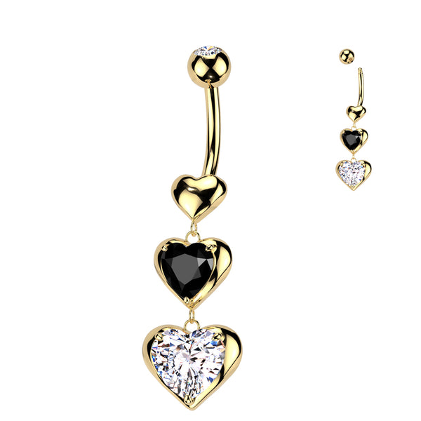 316L Surgical Steel Triple Heart Dangle Belly Button Navel Ring With Black and Clear CZ