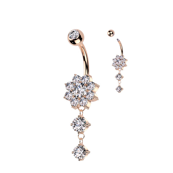 CZ Flower With Double Round CZ Dangle 316L Surgical Steel Belly Button Ring