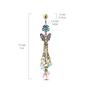 316L Surgical Steel Vintage Flower With Butterfly & Chain Drop Beads Dangle Belly Button Ring