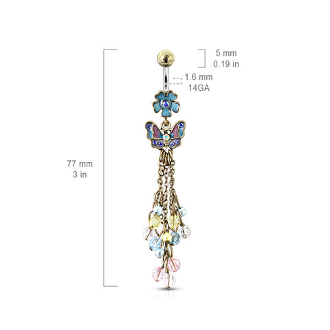 316L Surgical Steel Vintage Flower With Butterfly & Chain Drop Beads Dangle Belly Button Ring