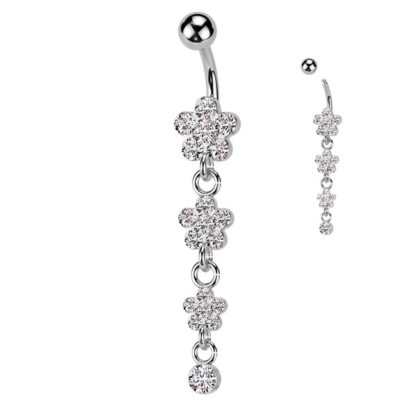 316L Surgical Steel Flower Petal Gem Paved Dangle Belly Button Ring