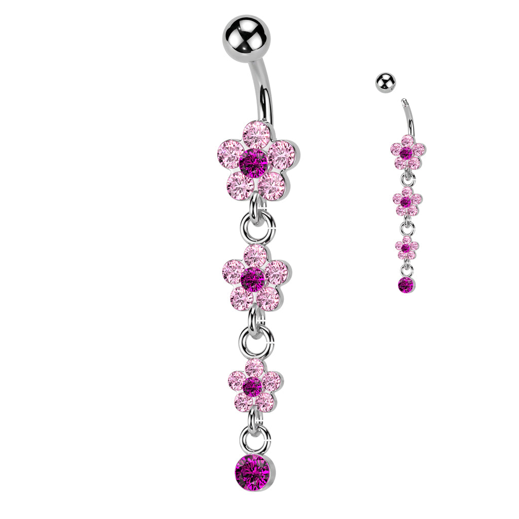 316L Surgical Steel Flower Petal Gem Paved Dangle Belly Button Ring