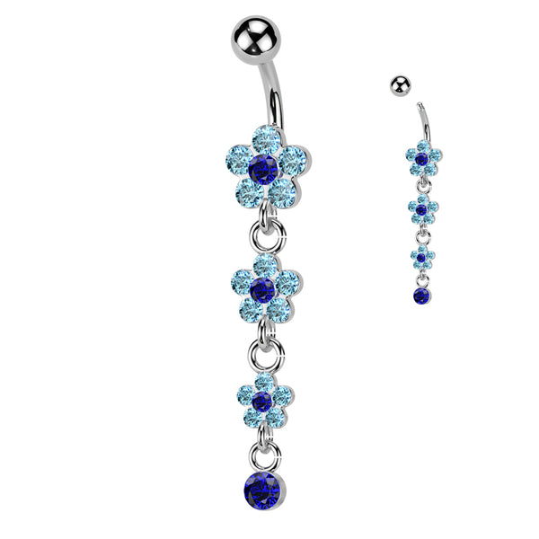 316L Surgical Steel Flower Petal Gem Paved Dangle Belly Button Ring