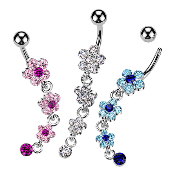 316L Surgical Steel Flower Petal Gem Paved Dangle Belly Button Ring