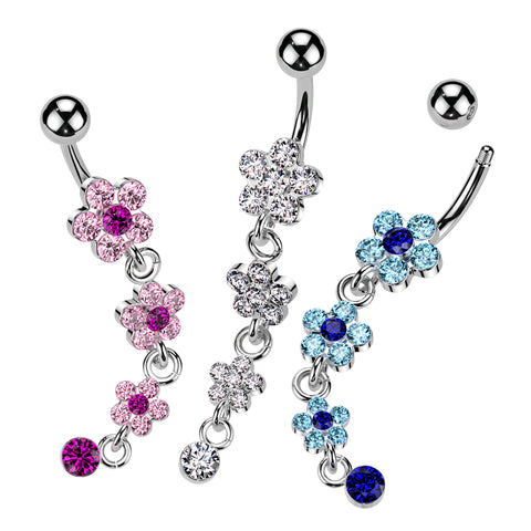 316L Surgical Steel Flower Petal Gem Paved Dangle Belly Button Ring