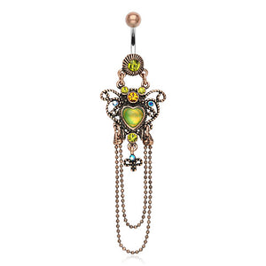 316L Surgical Steel Vintage Flower With Butterfly & Chain Drop Beads Dangle Belly Button Ring (Copy)
