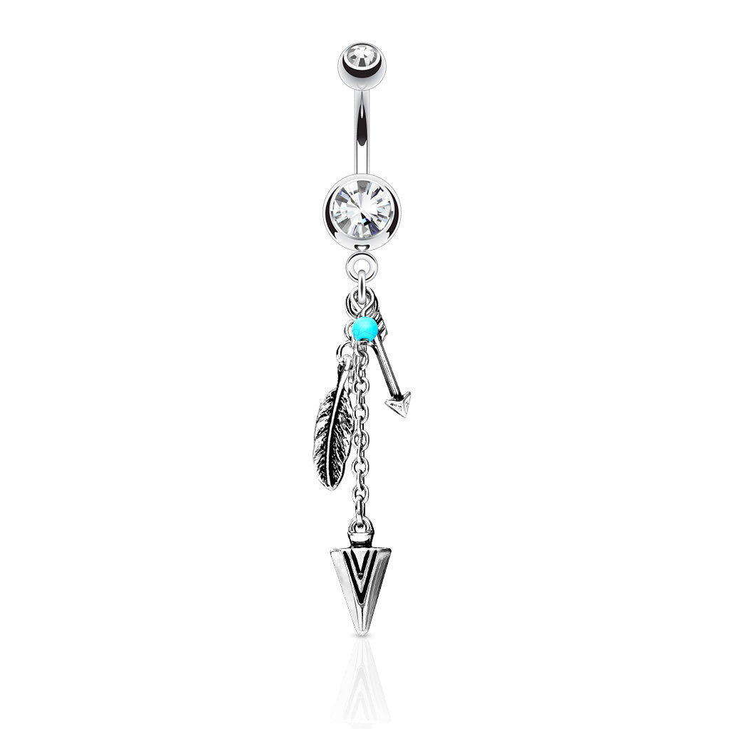 316L Surgical Steel Turquoise and Tribal Feather and Arrows Dangle Double Jeweled Belly Button Ring