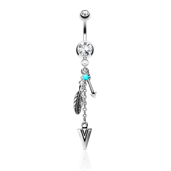 316L Surgical Steel Turquoise and Tribal Feather and Arrows Dangle Double Jeweled Belly Button Ring
