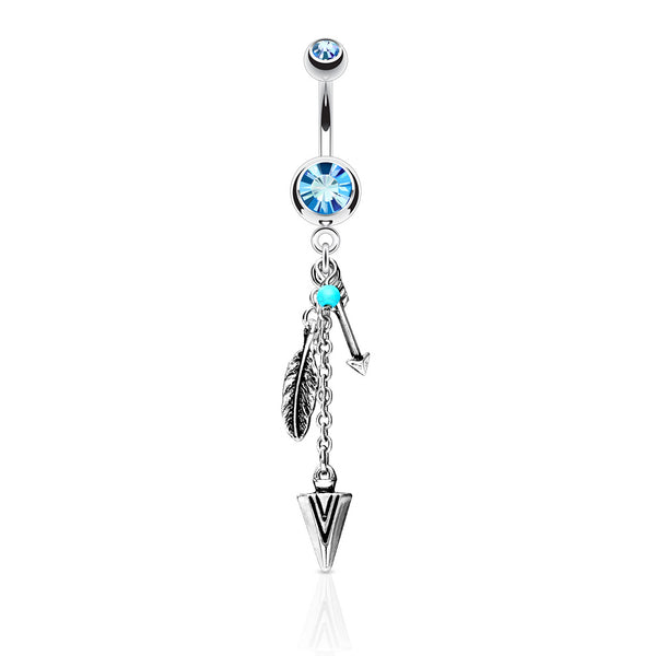 316L Surgical Steel Turquoise and Tribal Feather and Arrows Dangle Double Jeweled Belly Button Ring