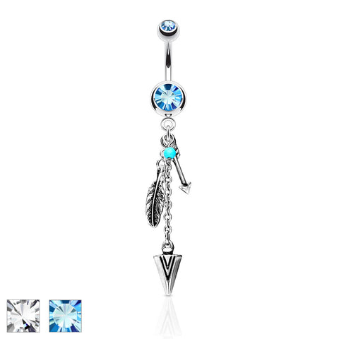 316L Surgical Steel Turquoise and Tribal Feather and Arrows Dangle Double Jeweled Belly Button Ring