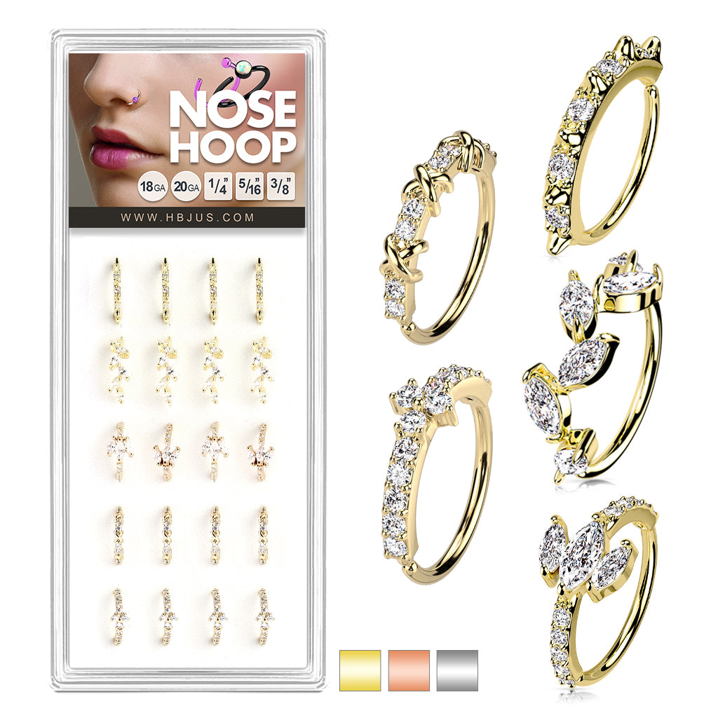 Price per piece Mixed Styles CZ Paved Nose Hoop Rings Pack (5 Styles X 4 Pcs)