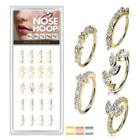 Price per piece Mixed Styles CZ Paved Nose Hoop Rings Pack (5 Styles X 4 Pcs)