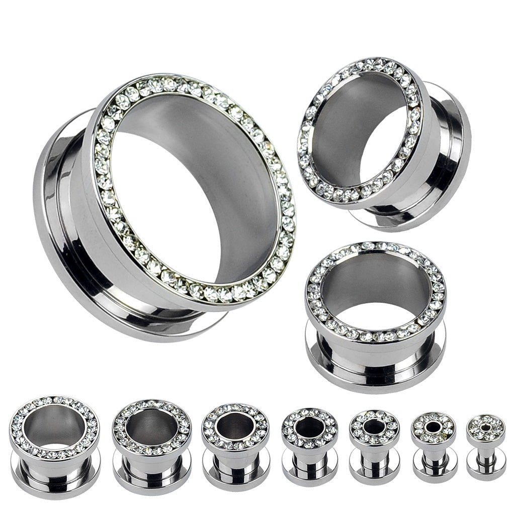 CZ Lined Rim 316L Surgical Steel Screw Fit Flesh Tunnel
