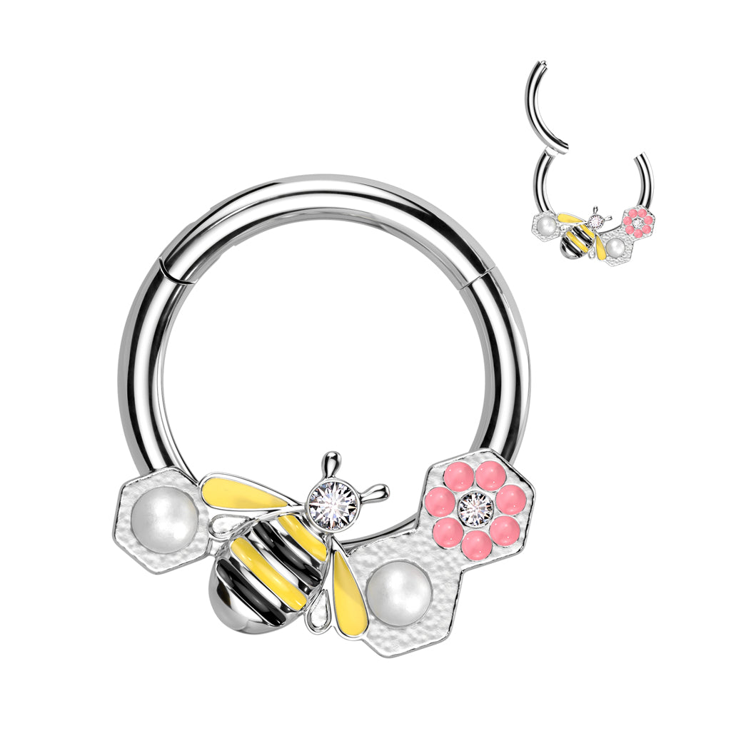 316L Surgical Steel Hinged Segment Ring With Bee, Pink Flower and Pearls