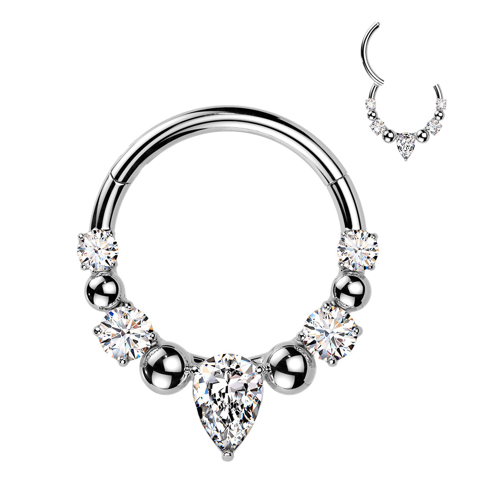 316L Ball And CZ Hinged Segment Hoop Ring With Teardrop CZ Center