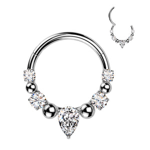 316L Ball And CZ Hinged Segment Hoop Ring With Teardrop CZ Center