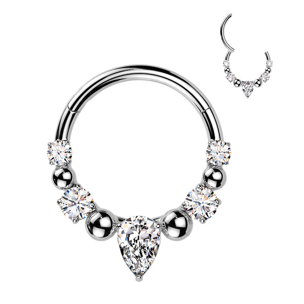 316L Ball And CZ Hinged Segment Hoop Ring With Teardrop CZ Center