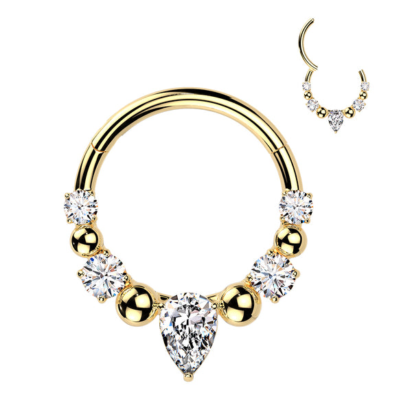 316L Ball And CZ Hinged Segment Hoop Ring With Teardrop CZ Center