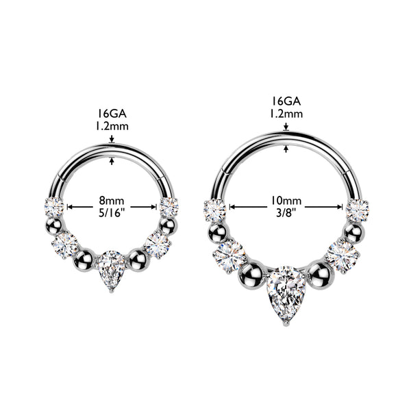 316L Ball And CZ Hinged Segment Hoop Ring With Teardrop CZ Center
