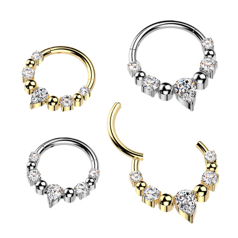 316L Ball And CZ Hinged Segment Hoop Ring With Teardrop CZ Center