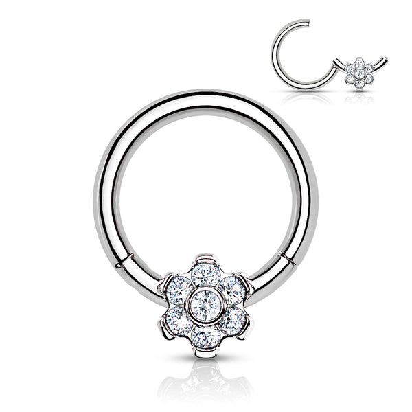 Implant Grade Titanium Hinged Segment Flower Hoop Ring With Bezel Set CZ Center and Prong Set Petals