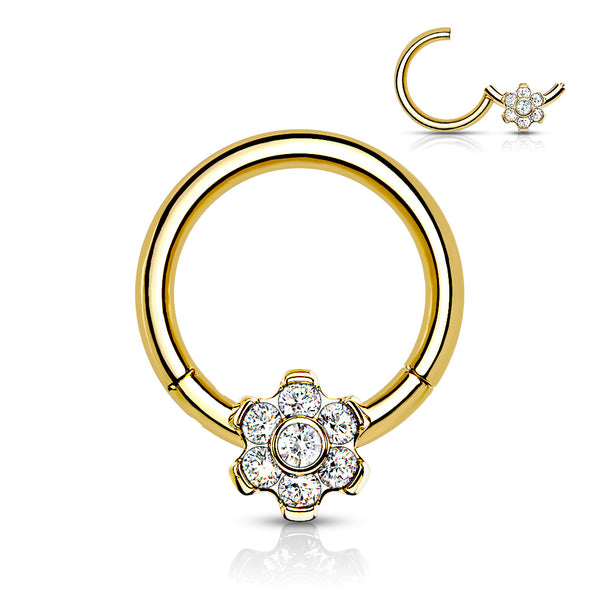 Implant Grade Titanium Hinged Segment Flower Hoop Ring With Bezel Set CZ Center and Prong Set Petals