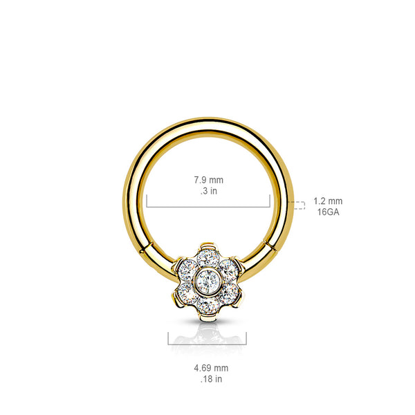 Implant Grade Titanium Hinged Segment Flower Hoop Ring With Bezel Set CZ Center and Prong Set Petals