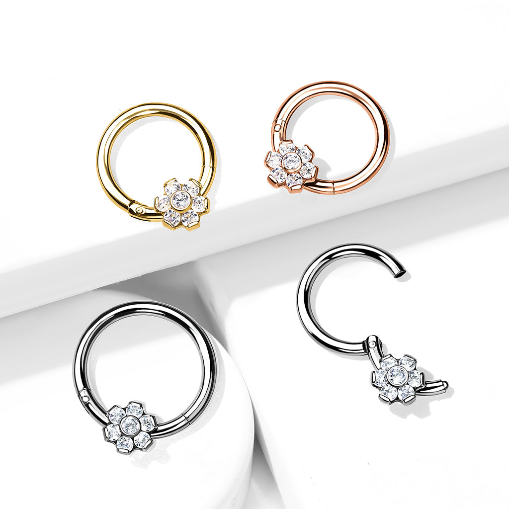 Implant Grade Titanium Hinged Segment Flower Hoop Ring With Bezel Set CZ Center and Prong Set Petals