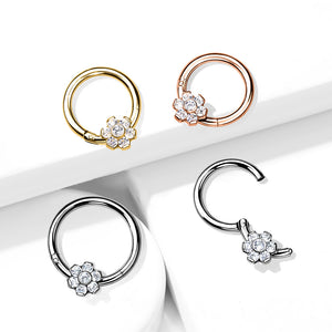 Implant Grade Titanium Hinged Segment Flower Hoop Ring With Bezel Set CZ Center and Prong Set Petals