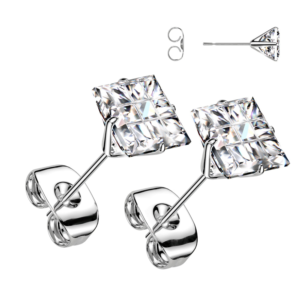 Pair of 316L Surgical Steel Multi Faceted Square Grid Gem Earring