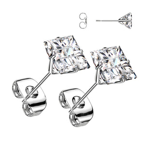 Pair of 316L Surgical Steel Multi Faceted Square Grid Gem Earring