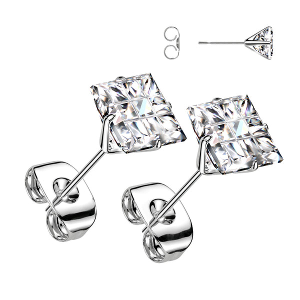Pair of 316L Surgical Steel Multi Faceted Square Grid Gem Earring