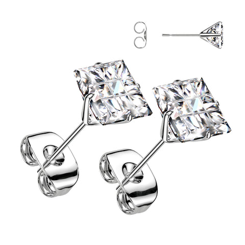 Pair of 316L Surgical Steel Multi Faceted Square Grid Gem Earring