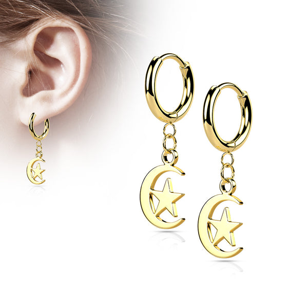 Pair of 316L Stainless Steel Hinged Hoop Earrings with Moon and Star Dangle