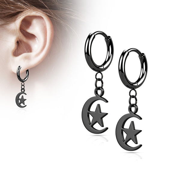 Pair of 316L Stainless Steel Hinged Hoop Earrings with Moon and Star Dangle