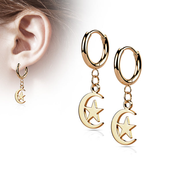 Pair of 316L Stainless Steel Hinged Hoop Earrings with Moon and Star Dangle